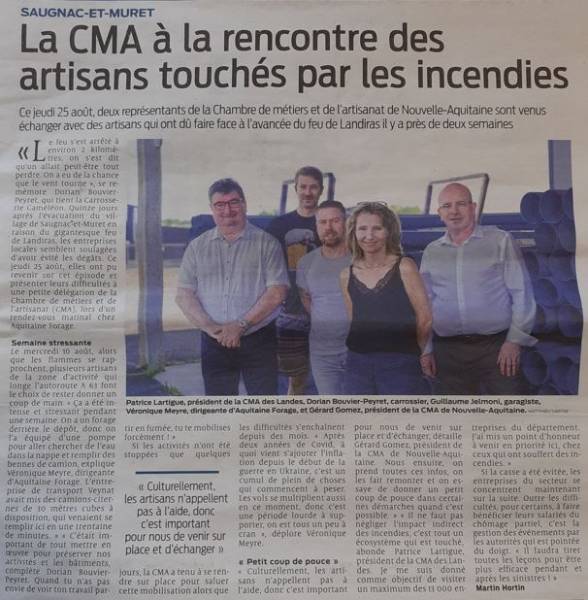 Article complet Journal SUD OUEST rencontre CMA et AQUITAINE FORAGE ainsi de d'autres entreprise de la Z.A. de Saugnac et muret